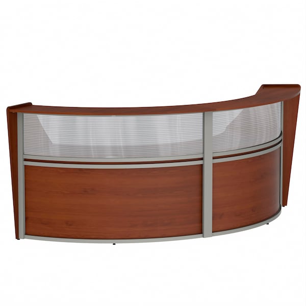 Curved Reception Desk 2 Units, Clear Panel, 124 inW x 49 inD, Cherry